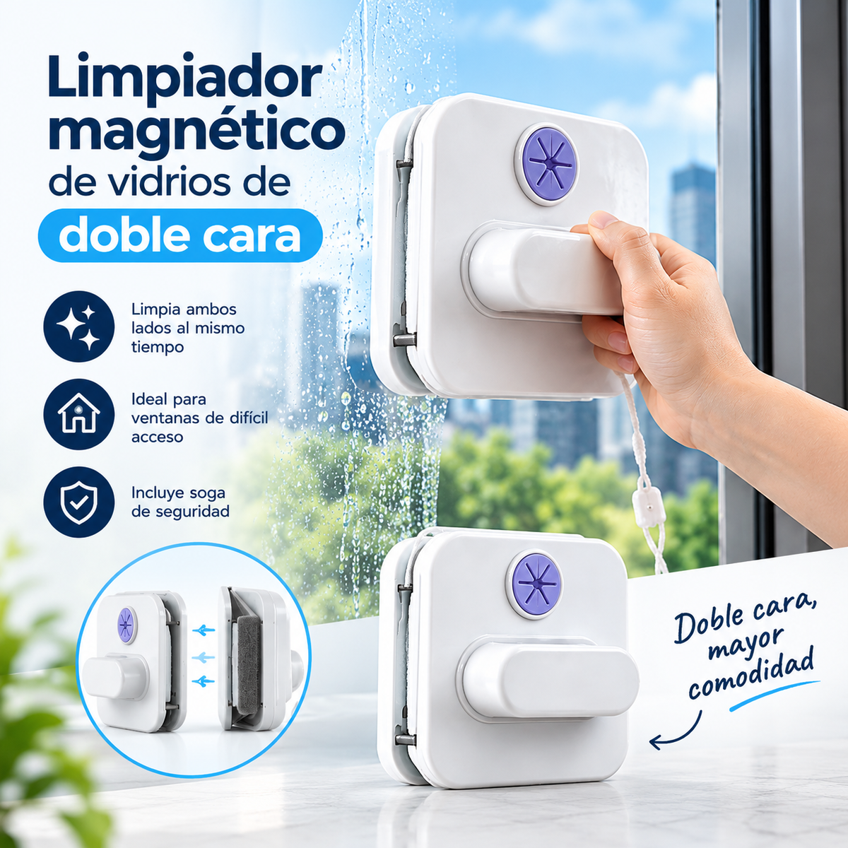 Limpiador magnético de vidrios de doble cara.